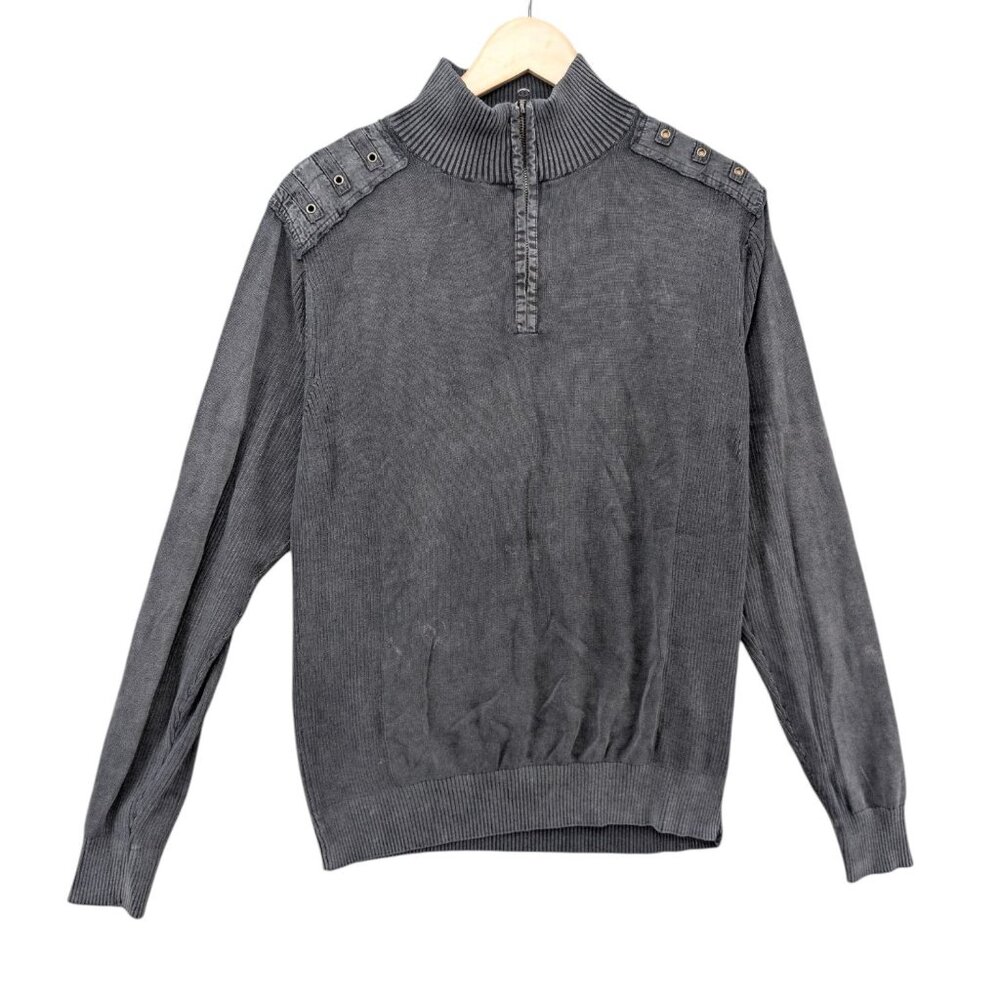 CJ Black Moto 1/4 Zip Sweater Mens Washed Black Charcoal Cotton Streetwear Sz L